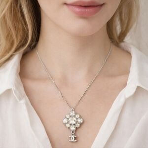 Authentic CHANEL Crystal Flower Pendant Necklace – Silver Tone Chain w/ CC Logo